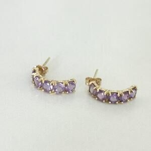 14K Yellow Gold Natural Amethyst Gemstone Half Hoop Post Earrings